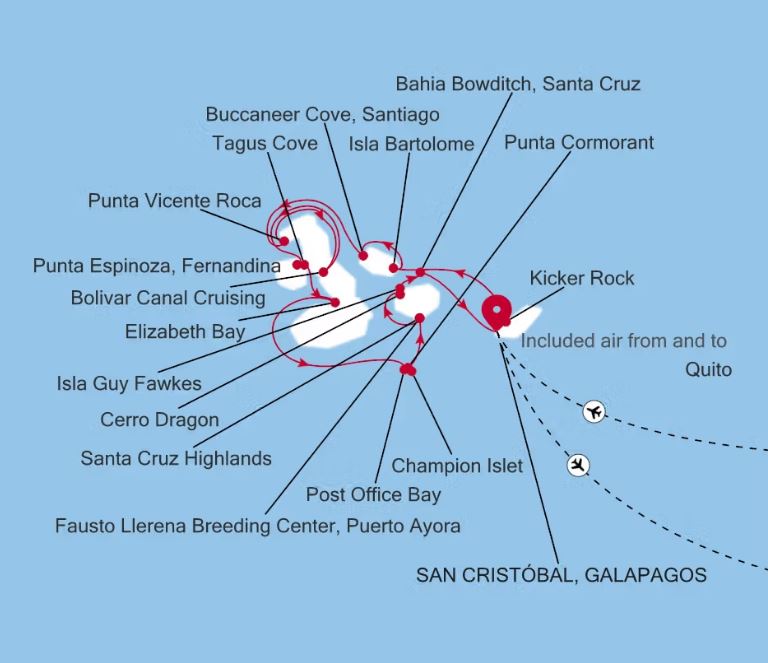 Map of sailing route around the Galapagos islands
